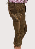 Premium brown suede Bundhosen with detailed embroidery, adjustable braces, and classic Alpine craftsmanship