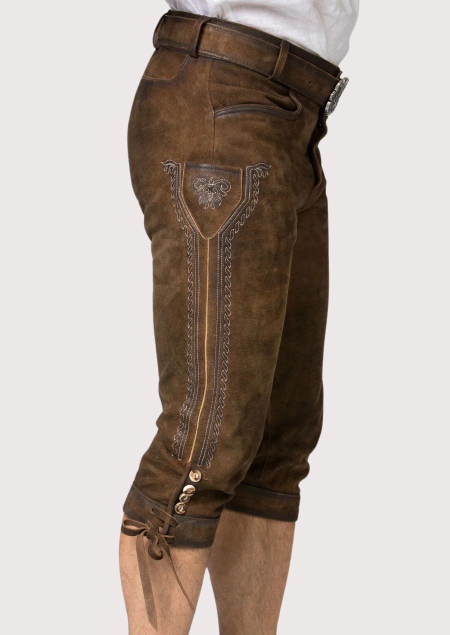 Premium brown kniebund lederhosen with vintage leather finish, adjustable knee closures, and Oktoberfest appeal