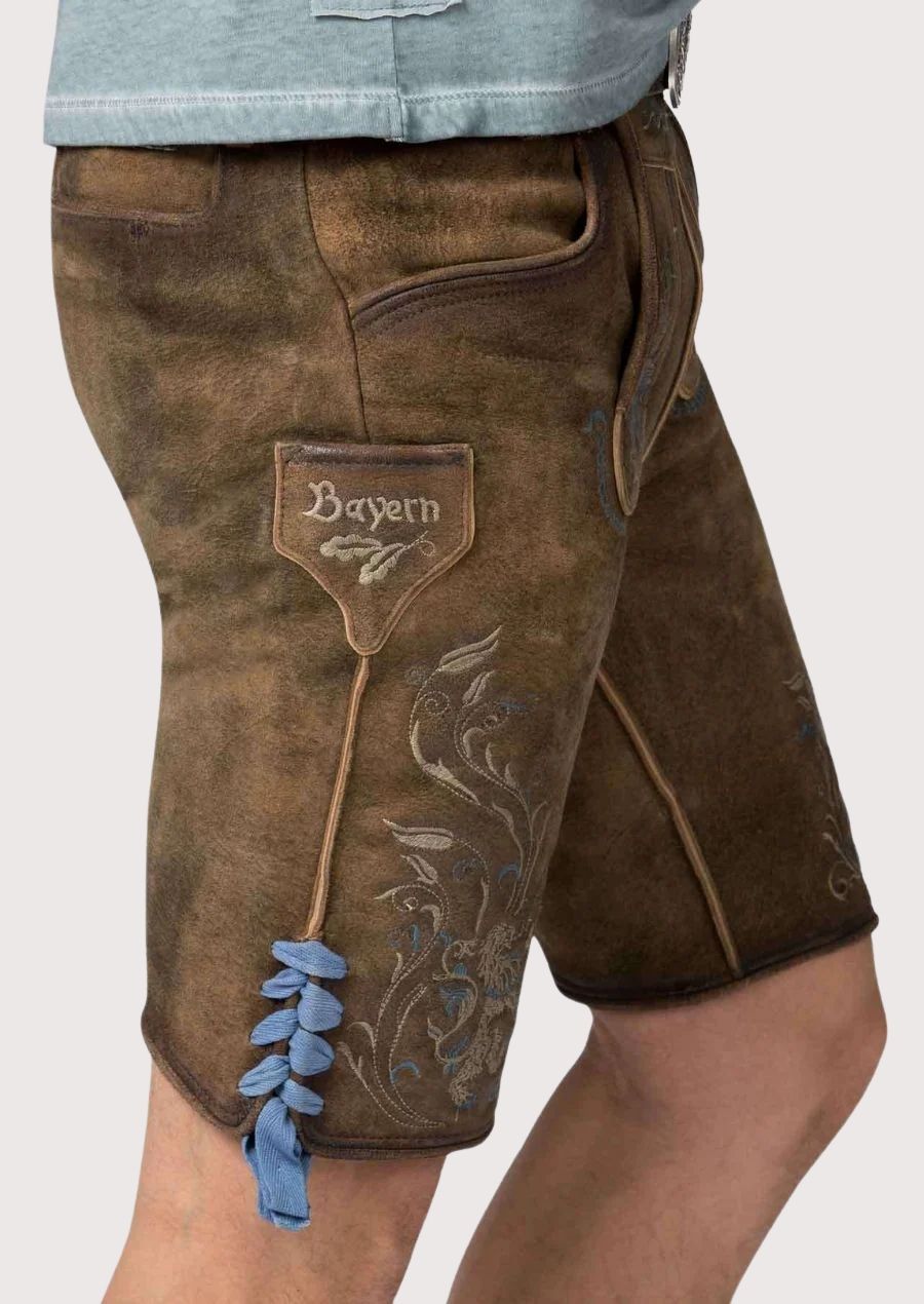 Premium brown lederhosen shorts with Alpine-inspired embroidery and vintage leather finish