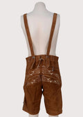 Premium brown suede lederhosen with detailed embroidery, adjustable suspenders, and authentic Oktoberfest styling