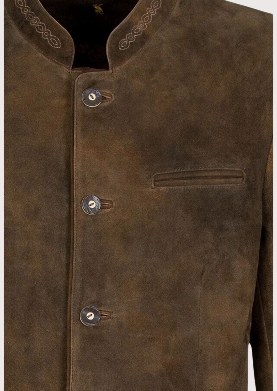 Premium brown traditional Trachten leather jacket crafted from suede, featuring a clean front design, heritage buttons, and alpine elegance.