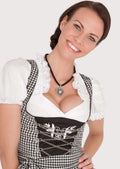 Premium Alpine Dirndl outfit with floral embroidery, decorative corset lacing, black skirt, gingham apron, and classic German folk styling.