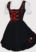 Premium German Dirndl dress featuring elegant red floral embroidery, fitted bodice, white blouse, and a bold red apron for festive occasions.