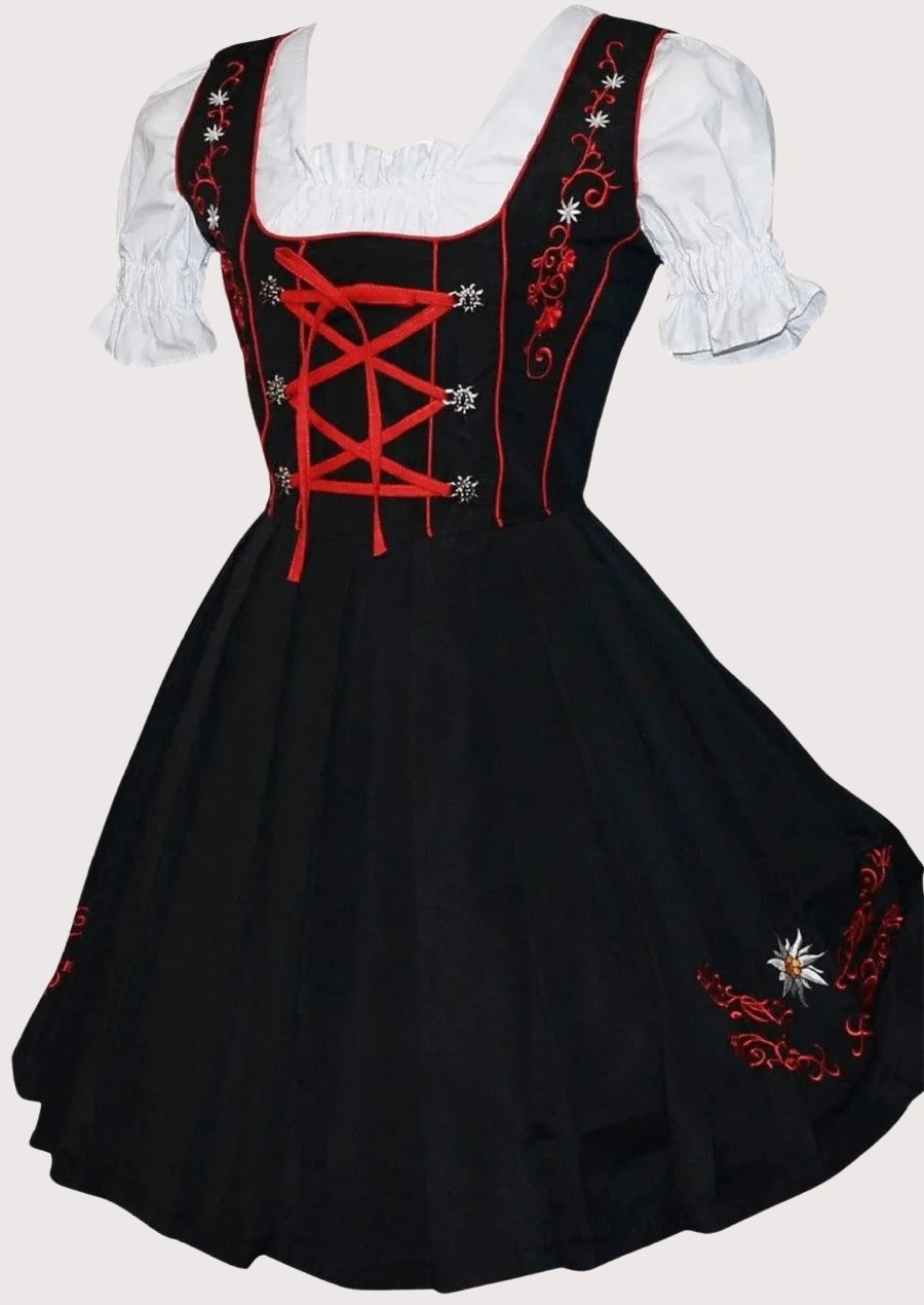 Premium German Dirndl dress featuring elegant red floral embroidery, fitted bodice, white blouse, and a bold red apron for festive occasions.