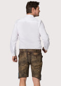 Premium brown lederhosen shorts with intricate blue embroidered motifs and classic Bavarian styling