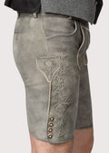 Traditional gray lederhosen shorts crafted from premium suede with elegant embroidered detailing