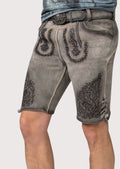 Gray suede lederhosen shorts with ornate black embroidery and decorative skull buckle belt