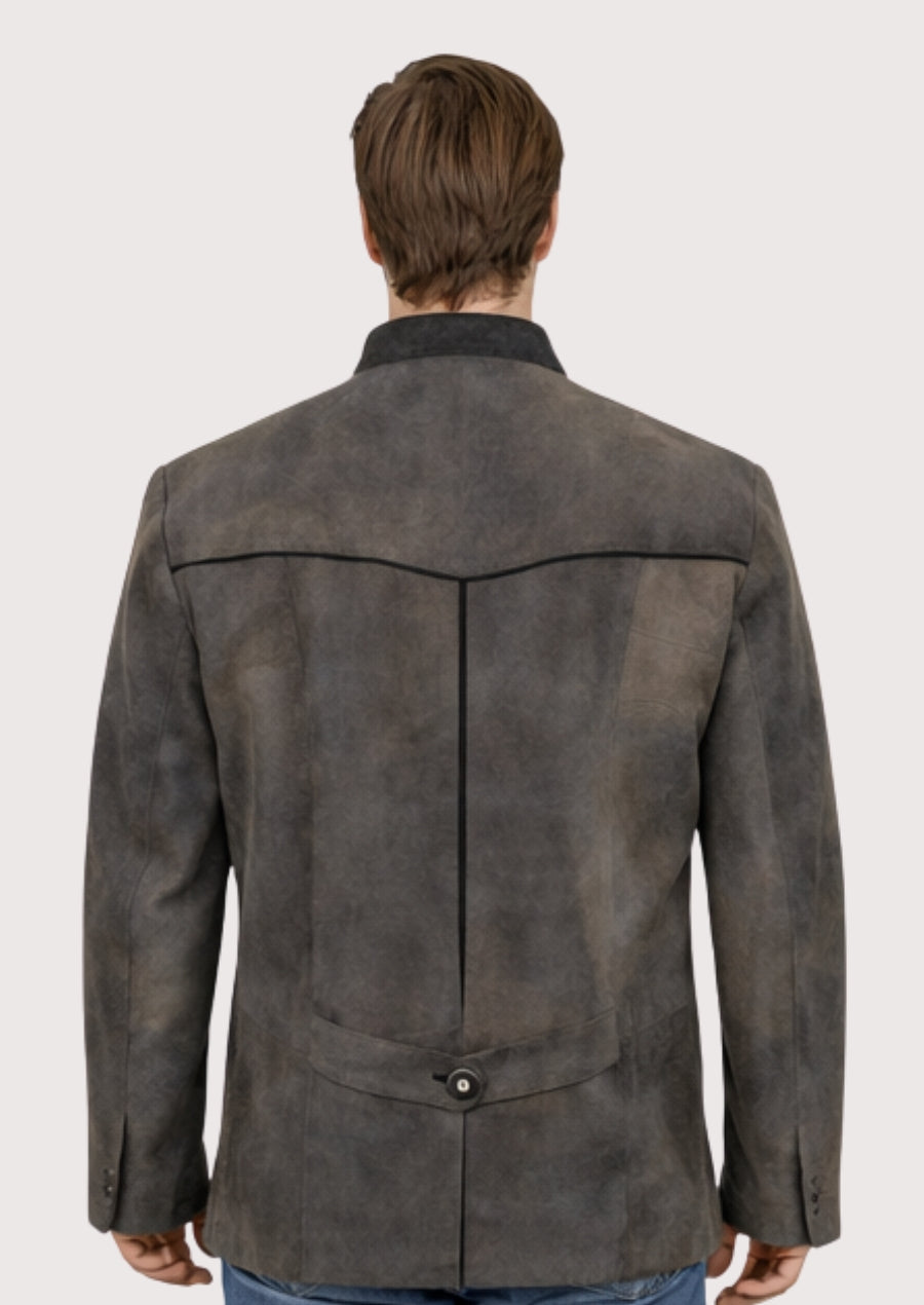 Premium grey suede Oktoberfest jacket with stand collar, refined texture, tailored silhouette, and timeless Bavarian appeal.