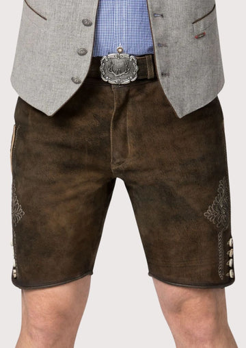 Traditional Bavarian leather lederhosen for men – featuring floral embroidery and antique buttons.