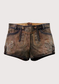 Authentic Bavarian-style lederhosen for women, featuring intricate floral embroidery and adjustable laces for a custom fit.