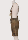 Authentic goatskin suede lederhosen with embroidered suspenders, belt, and traditional Oktoberfest detailing