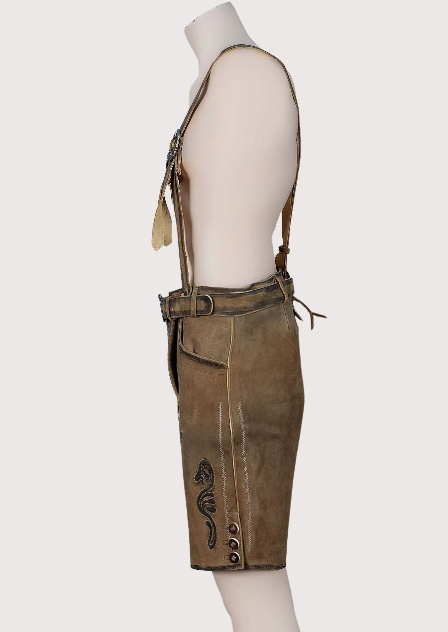 Authentic goatskin suede lederhosen with embroidered suspenders, belt, and traditional Oktoberfest detailing