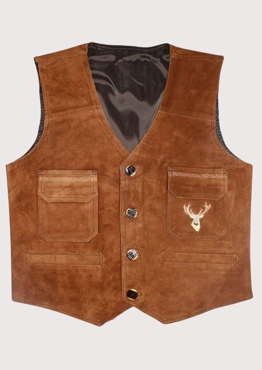 Premium Lederhosen vest – traditional Bavarian style with antler embroidery


