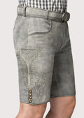 Authentic light gray leather lederhosen featuring elegant side embroidery and traditional craftsmanship