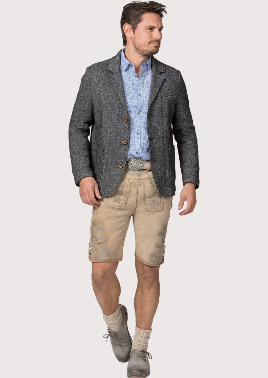 Premium men’s grey wool jacket with tailored fit and pockets.