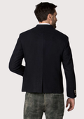 Premium men’s navy blue stand collar wool jacket front view.