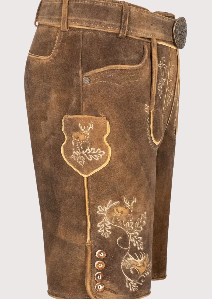 Authentic brown leather lederhosen shorts with embroidered deer accents and classic Alpine styling