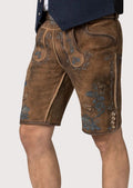 Premium Oktoberfest lederhosen shorts crafted from brown suede leather with detailed embroidery