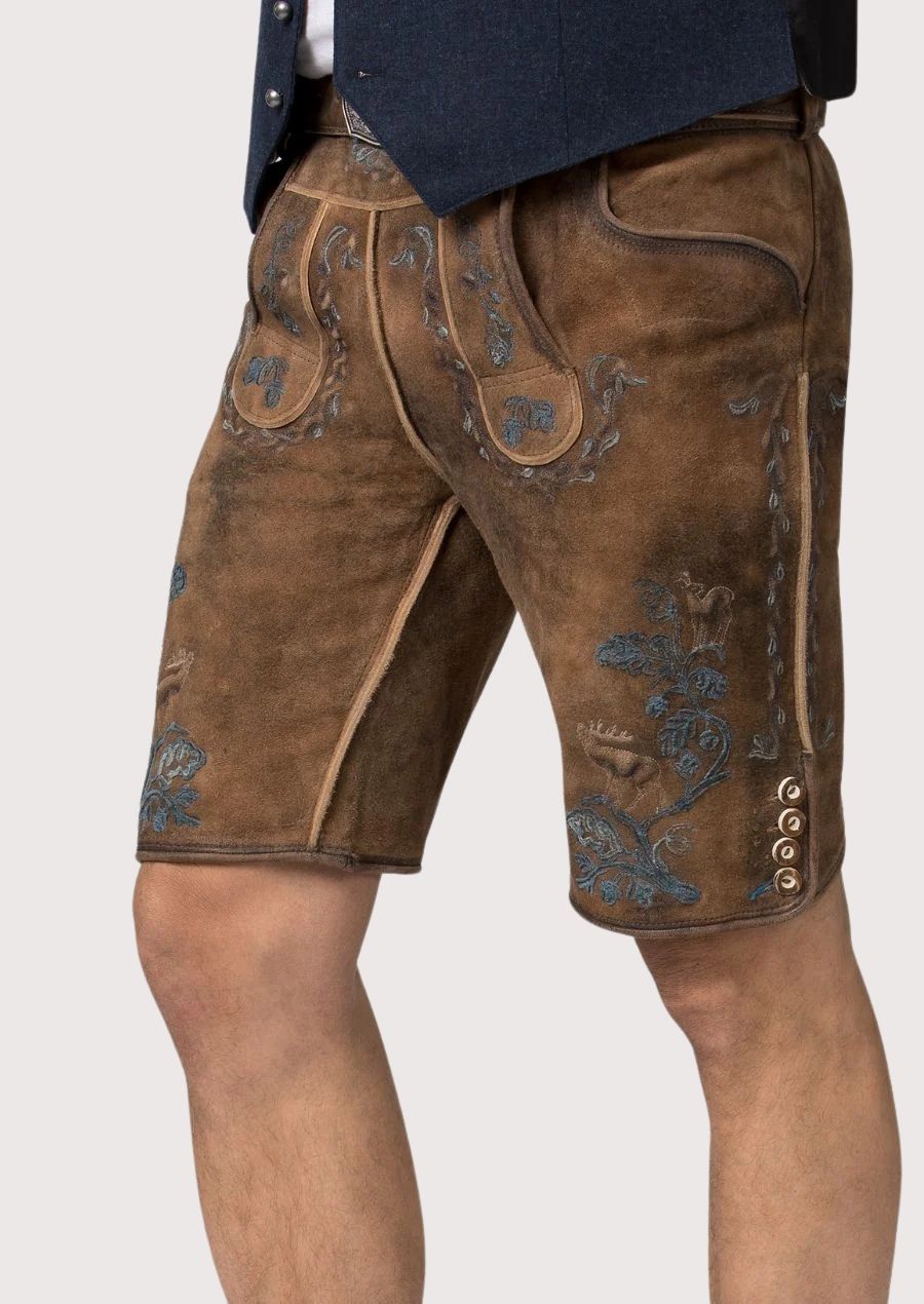 Premium Oktoberfest lederhosen shorts crafted from brown suede leather with detailed embroidery