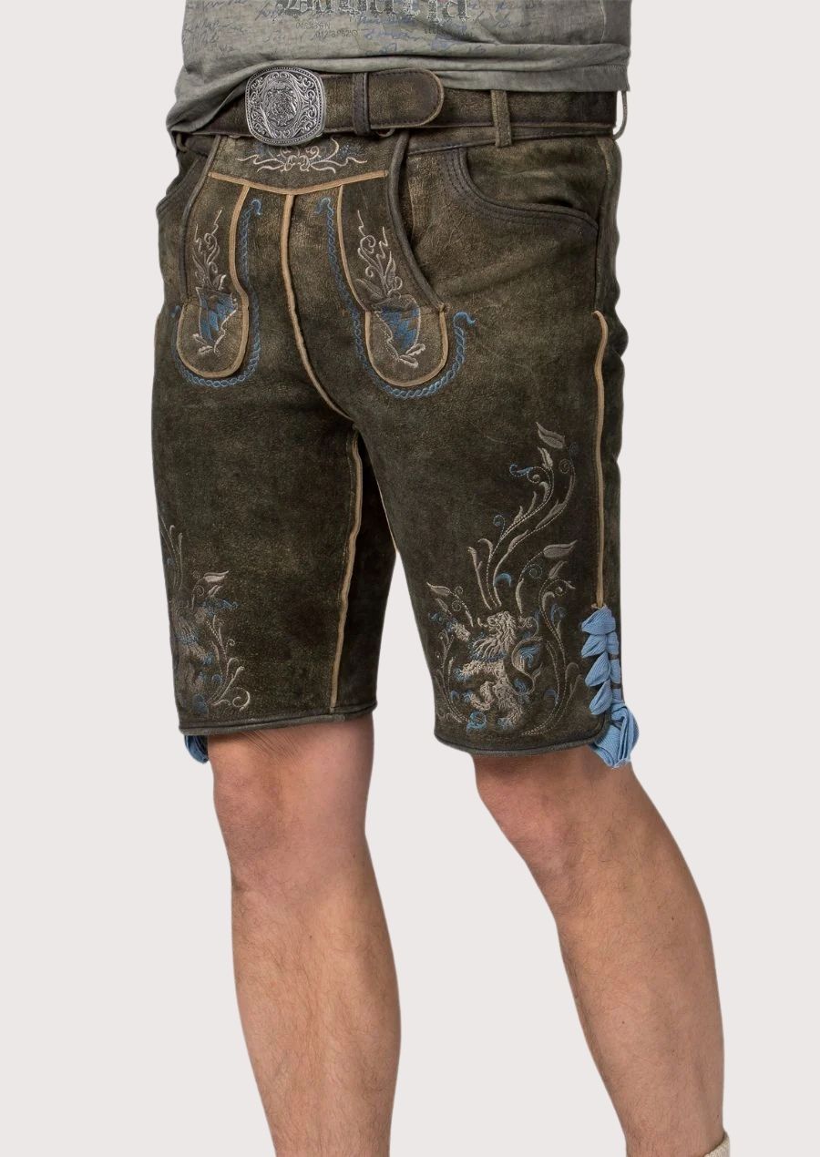 Traditional lederhosen shorts with blue embroidery, Alpine motifs and authentic Bavarian craftsmanship