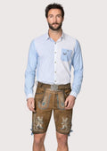 Traditional brown lederhosen shorts with blue embroidery, lion motifs and authentic Bavarian craftsmanship