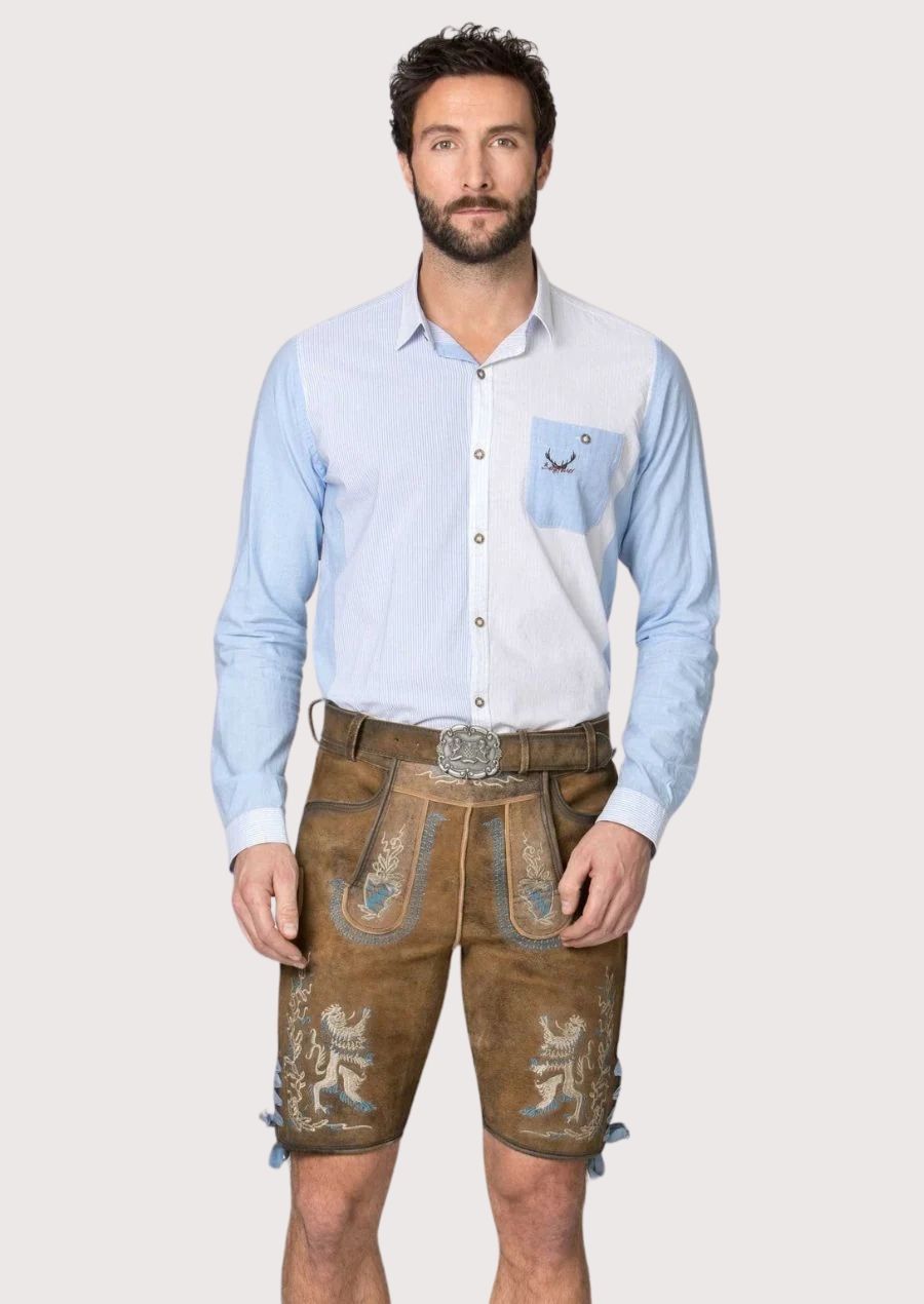 Traditional brown lederhosen shorts with blue embroidery, lion motifs and authentic Bavarian craftsmanship
