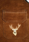 Brown suede lederhosen vest with deer embroidery and metal buttons