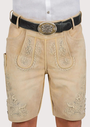 Sand-colored German leather shorts with engraved belt for Oktoberfest


