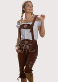 Premium women's suede lederhosen with decorative embroidery, adjustable suspenders, and authentic German styling.