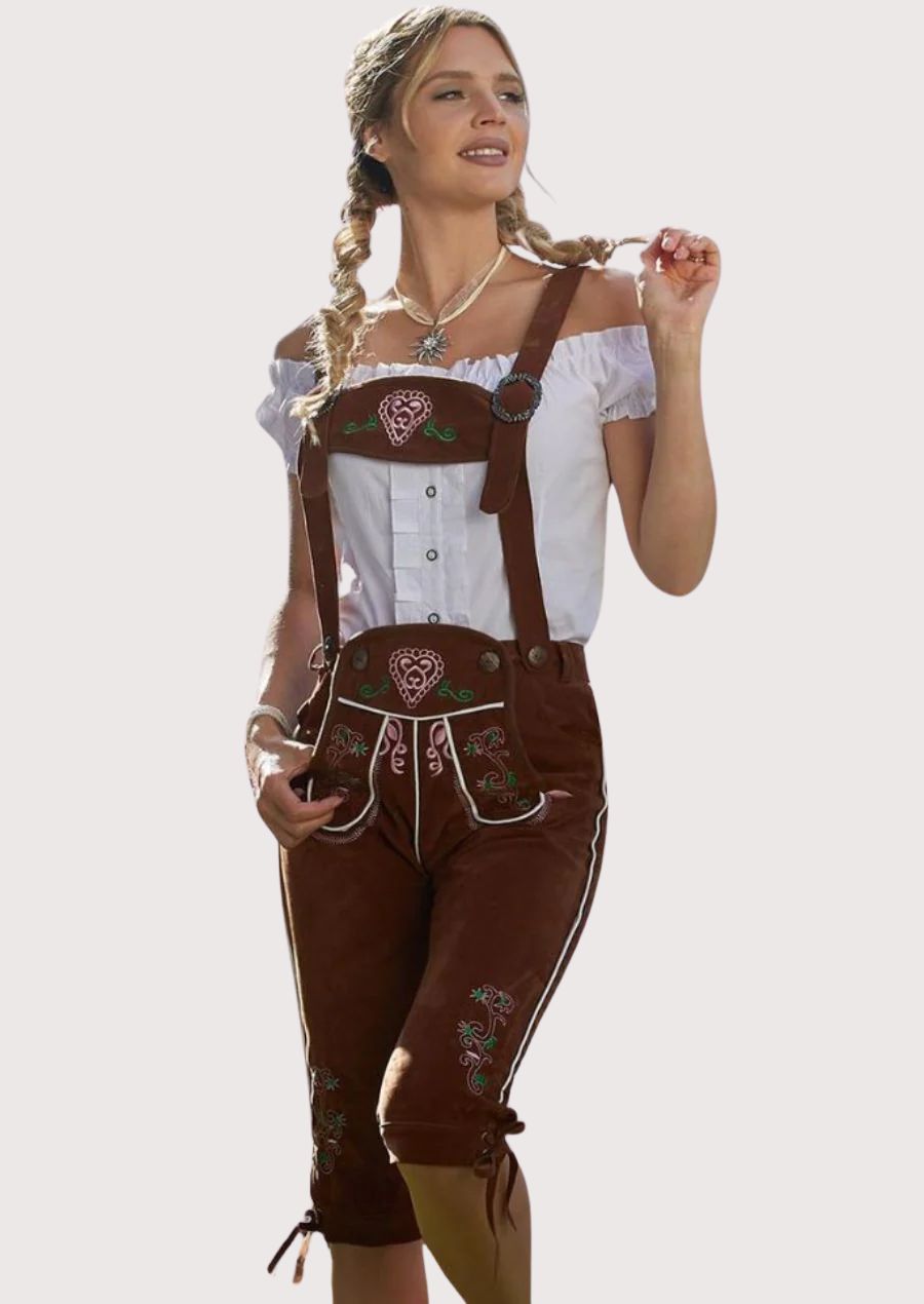 Premium women's suede lederhosen with decorative embroidery, adjustable suspenders, and authentic German styling.