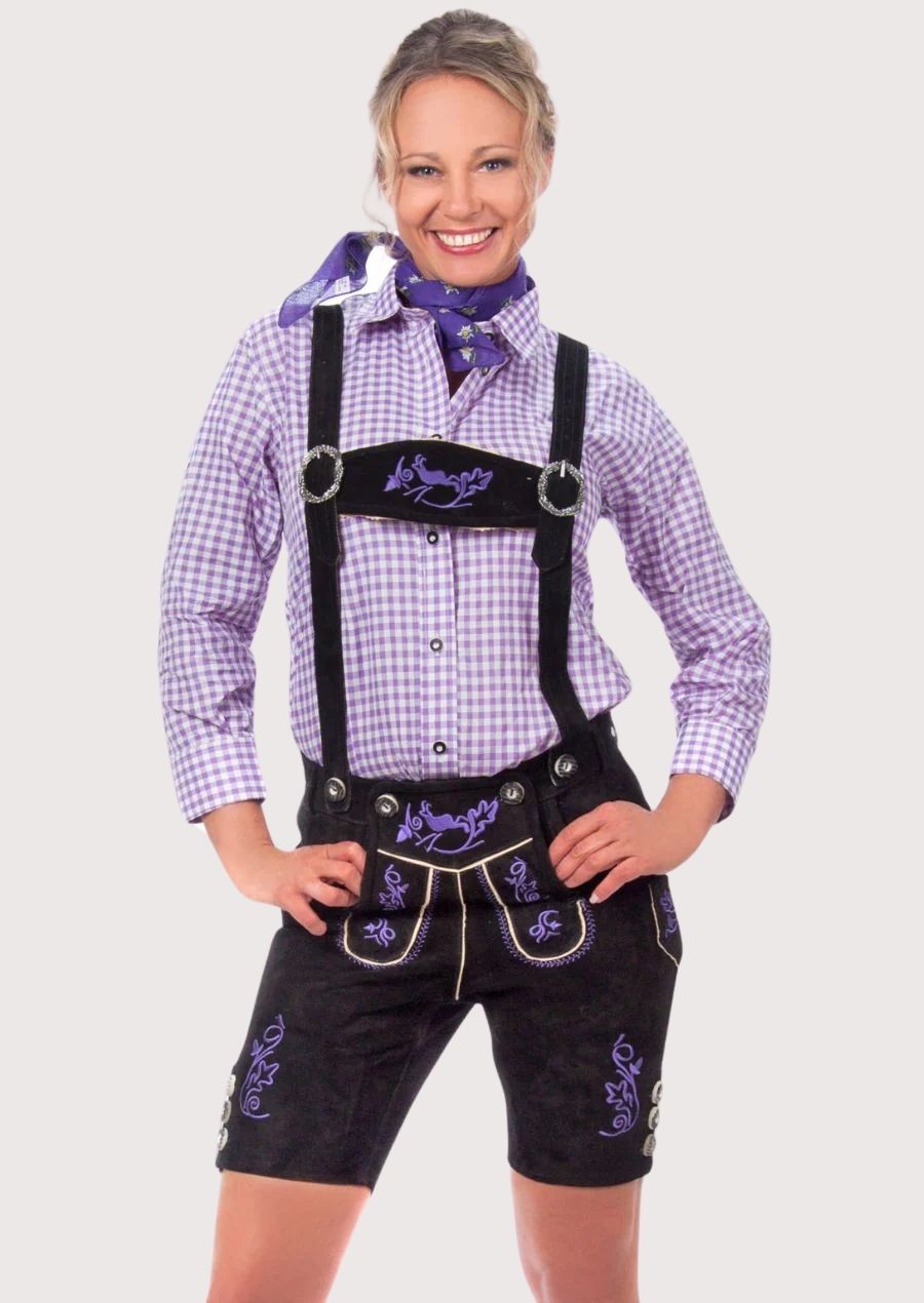 Black Suede Lederhosen Violet Vines showcasing ornate purple embroidery and traditional Bavarian craftsmanship.