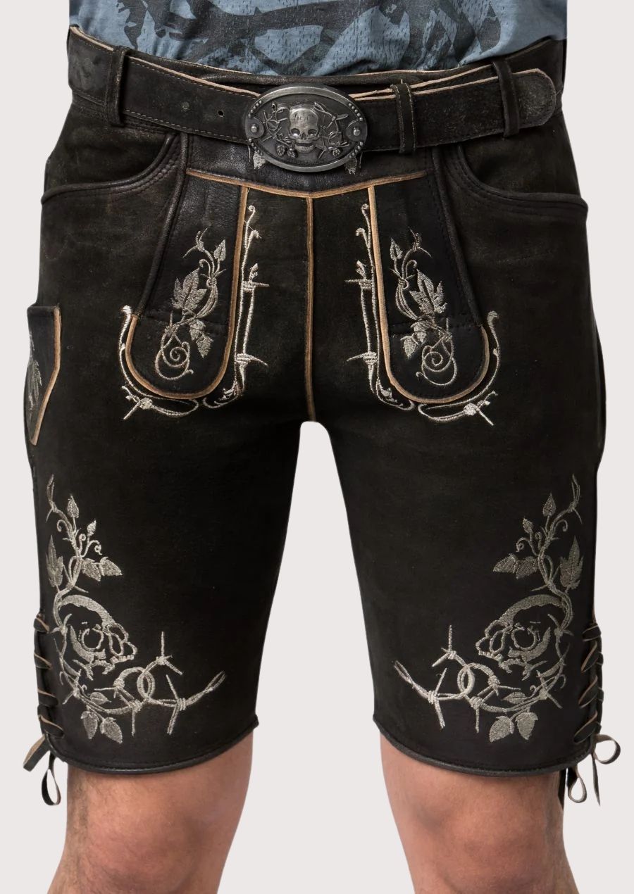 raven black suede skull lederhosen with silver embroidered patterns, lace-up sides and Bavarian character