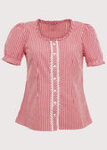 Red alpine gingham blouse for women, premium cotton Bavarian blouse, Oktoberfest women's top, lace front Trachten blouse, traditional German Alpine clothing.