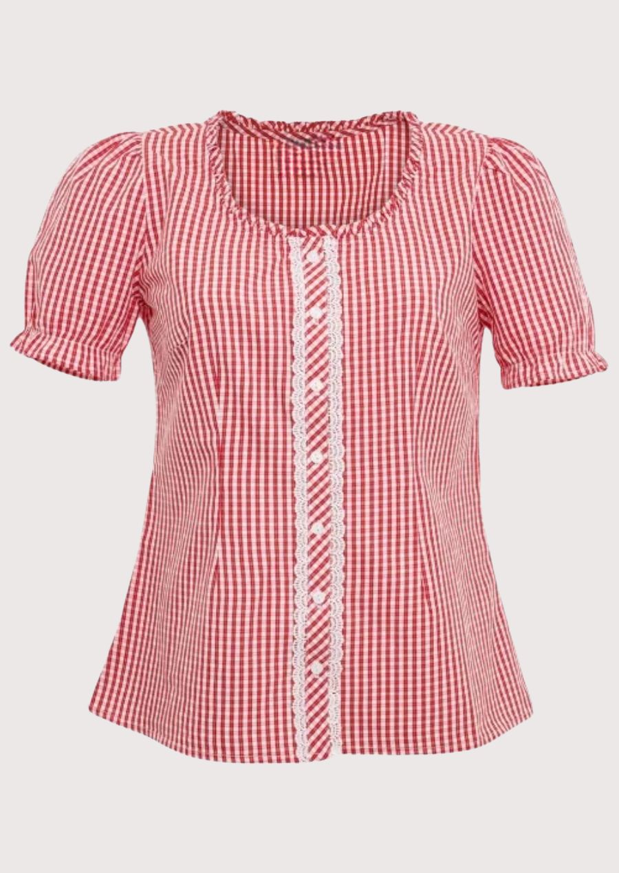 Red alpine gingham blouse for women, premium cotton Bavarian blouse, Oktoberfest women's top, lace front Trachten blouse, traditional German Alpine clothing.