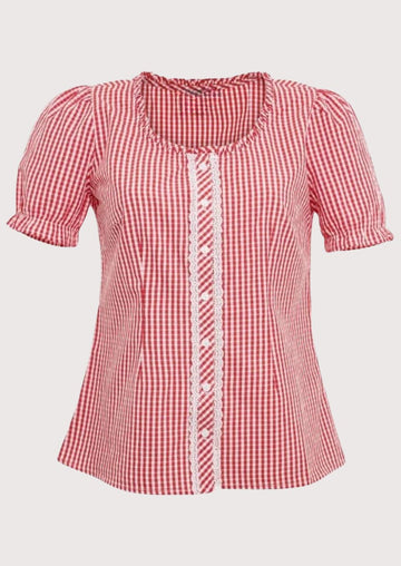 Red alpine gingham blouse for women, premium cotton Bavarian blouse, Oktoberfest women's top, lace front Trachten blouse, traditional German Alpine clothing.