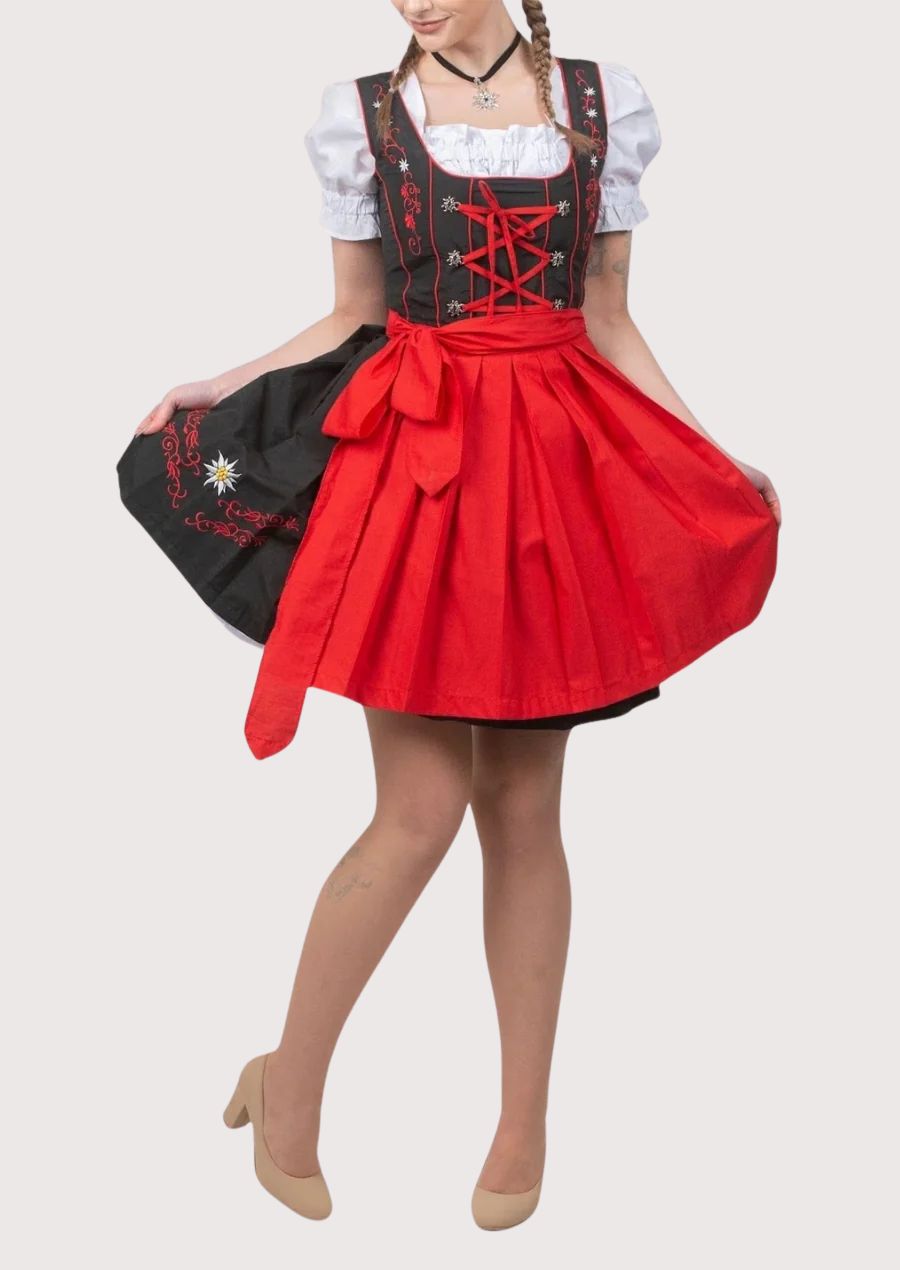 Black and red dirndl Dirndl dress for women with red apron, white puff sleeve blouse, lace-up corset bodice, traditional Bavarian Oktoberfest outfit, authentic German Alpine clothing.