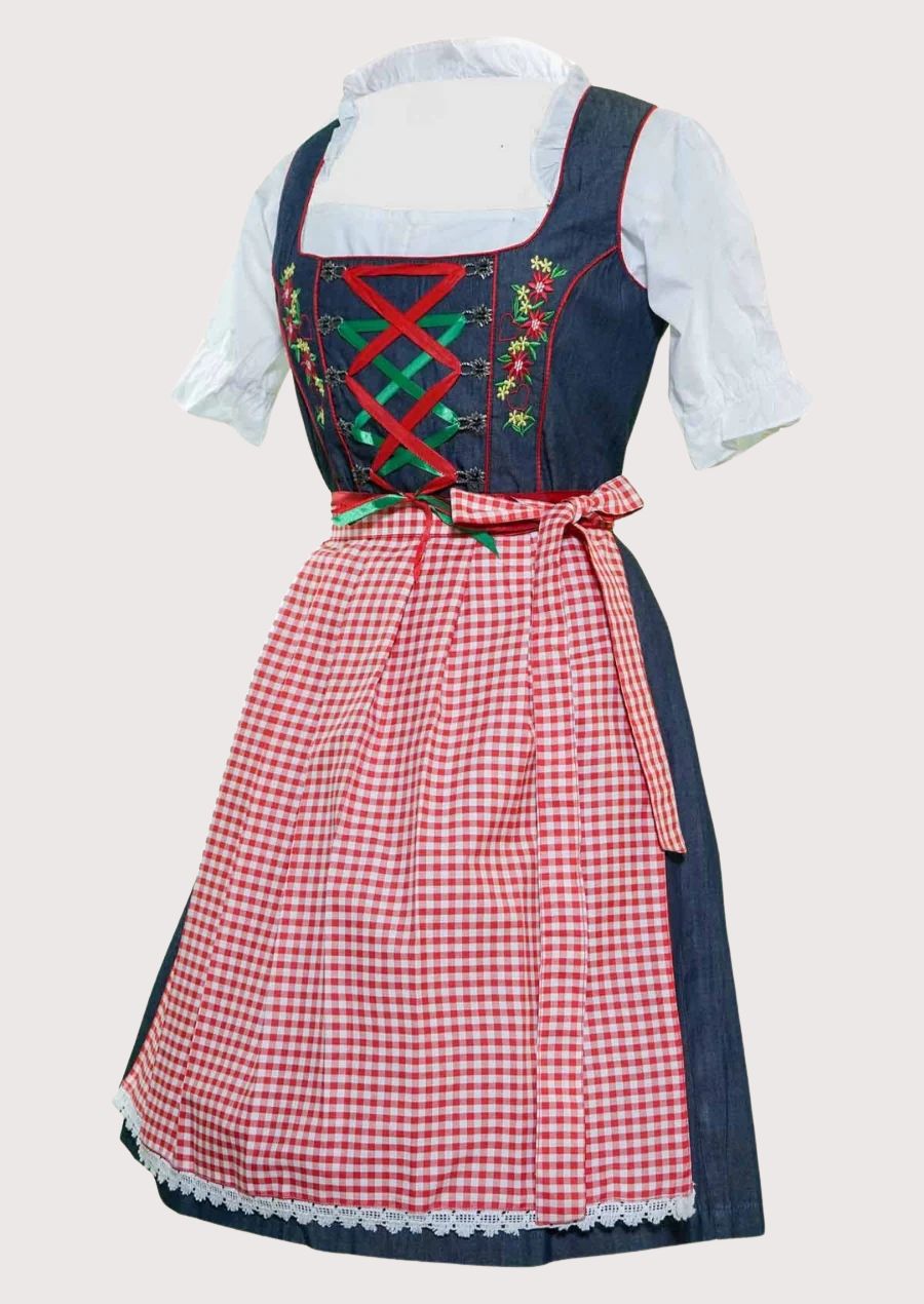 Traditional red check Dirndl dress for women featuring a red gingham apron, embroidered navy bodice, lace-up corset, white puff sleeve blouse, and authentic Bavarian styling.