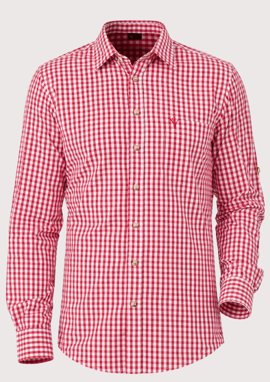 Red cotton gingham Trachten shirt for men with classic check pattern, Bavarian Oktoberfest shirt, German Alpine clothing, traditional button-down shirt, premium cotton festival wear.