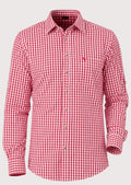 Red cotton gingham Trachten shirt for men with classic check pattern, Bavarian Oktoberfest shirt, German Alpine clothing, traditional button-down shirt, premium cotton festival wear.