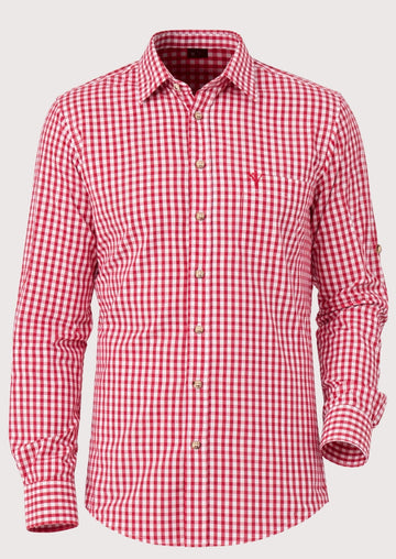 Red cotton gingham Trachten shirt for men with classic check pattern, Bavarian Oktoberfest shirt, German Alpine clothing, traditional button-down shirt, premium cotton festival wear.