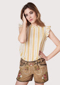 Women's Bavarian lederhosen adorned with rose embroidery, premium suede leather, and authentic German craftsmanship.