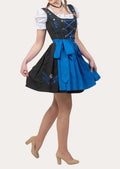 Women's Bavarian Dirndl dress with a black embroidered bodice, royal blue lace-up corset front, matching apron, and authentic Alpine festival design.