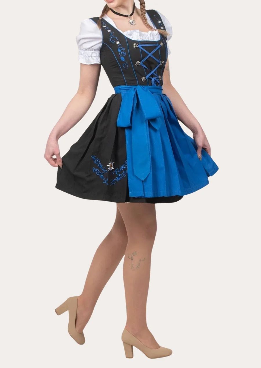 Women's Bavarian Dirndl dress with a black embroidered bodice, royal blue lace-up corset front, matching apron, and authentic Alpine festival design.