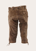 Rustic Alpine Bundhosen crafted from soft brown suede leather with decorative embroidery and knee-length styling