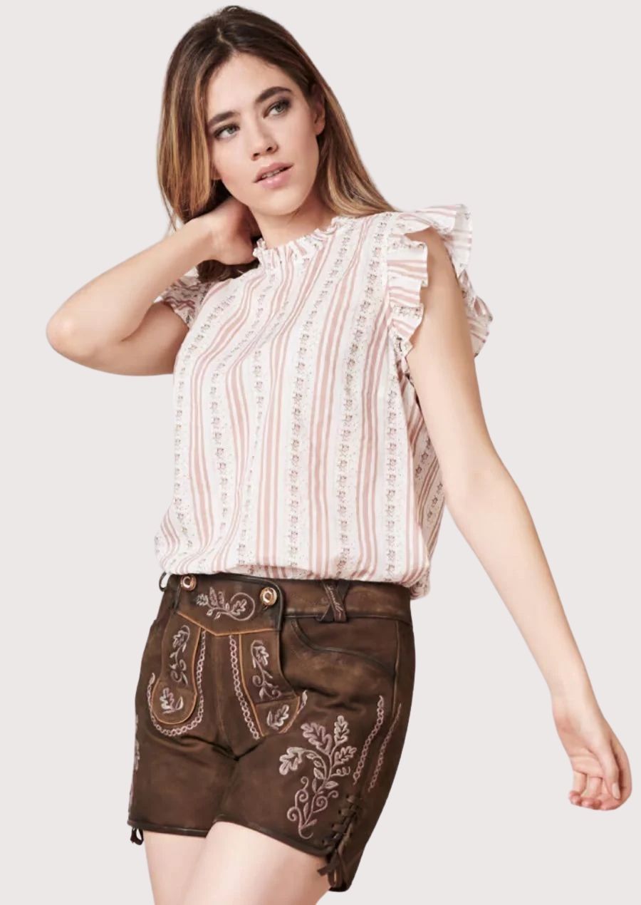 Rustic Alpine women's leather shorts crafted from brown suede with embroidered detailing and classic Trachten appeal.