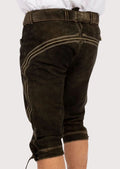 Rustic Bavarian Bundhosen made from weathered brown goatskin suede with ornamental embroidery and traditional detailing