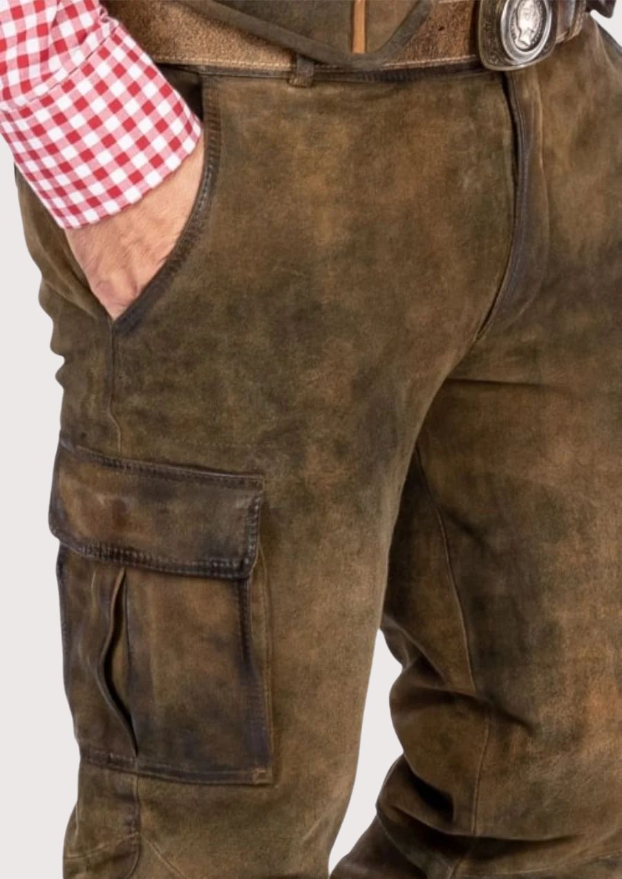 Rustic Bavarian leather trousers with side cargo pocket crafted from premium suede leather and traditional German design