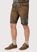Rustic Bavarian lederhosen shorts featuring blue embroidery and authentic Oktoberfest styling