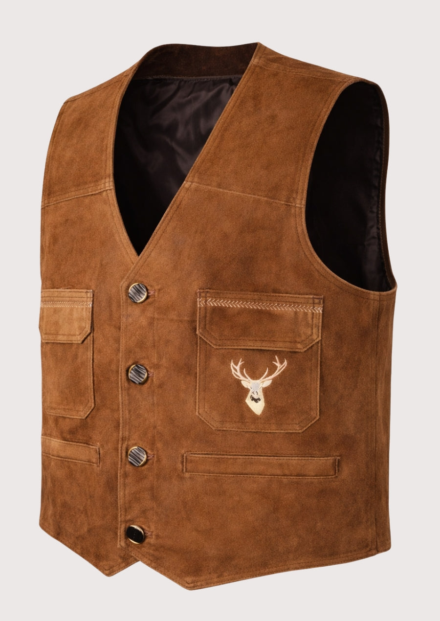 Brown suede lederhosen vest featuring embroidered stag emblem