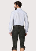 Rustic black leather Bundhosen with side ties, vintage texture, and handcrafted Bavarian detailing